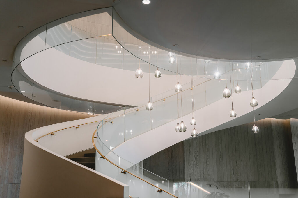 The interior spiral staircase at The Pearle Hotel, Burlington