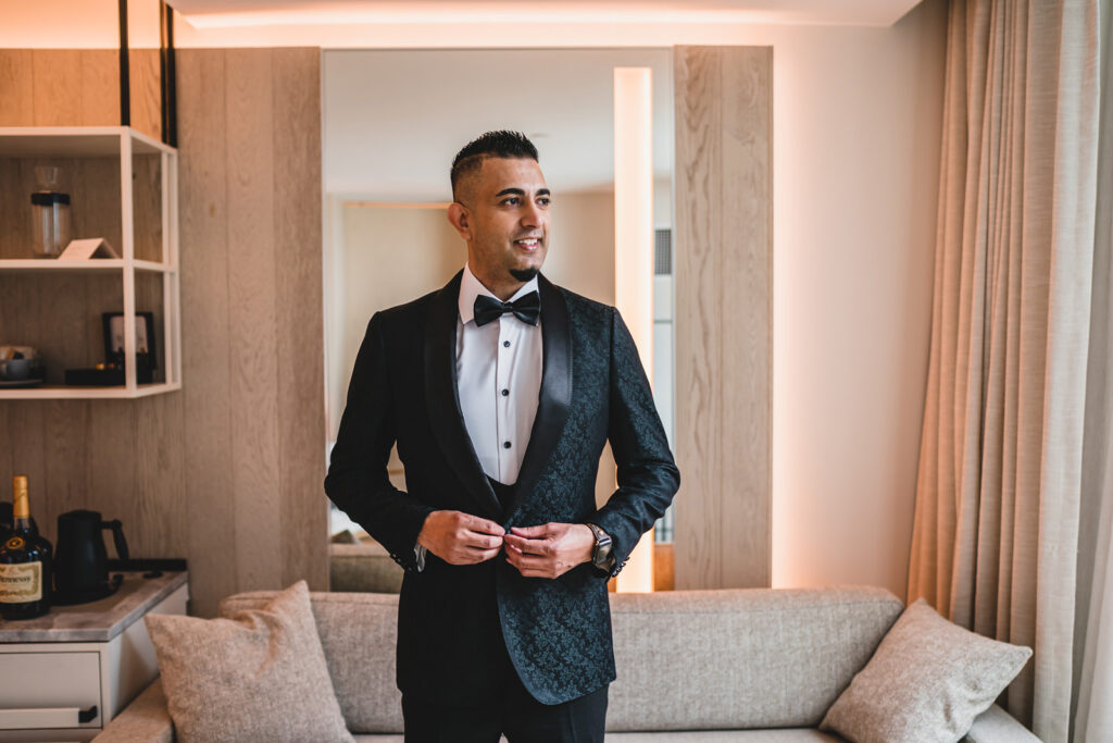 A Groom on his wedding day at The Pearle Hotel, Burlington