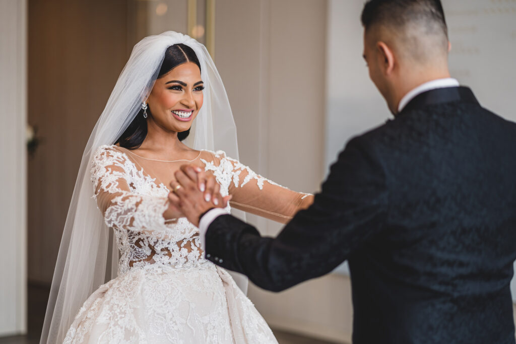 A first look with a bride and groom at The Pearle Hotel
