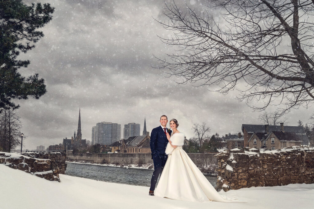 Newlywed portrait during a winter wedding at Cambridge Mill