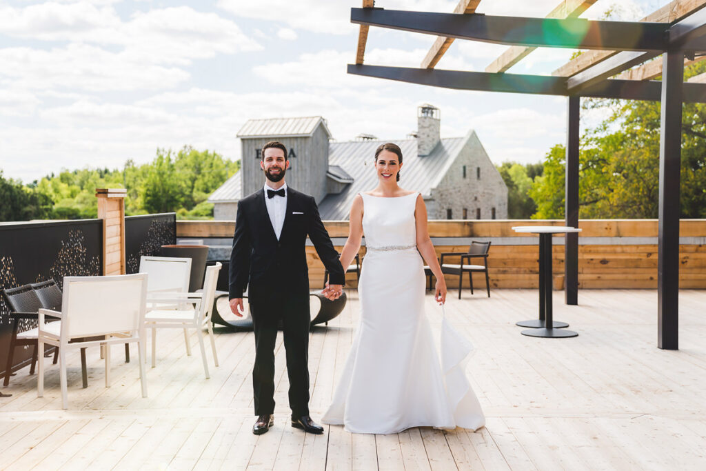 A bride and Groom on the roof terrace at Elora Mill
