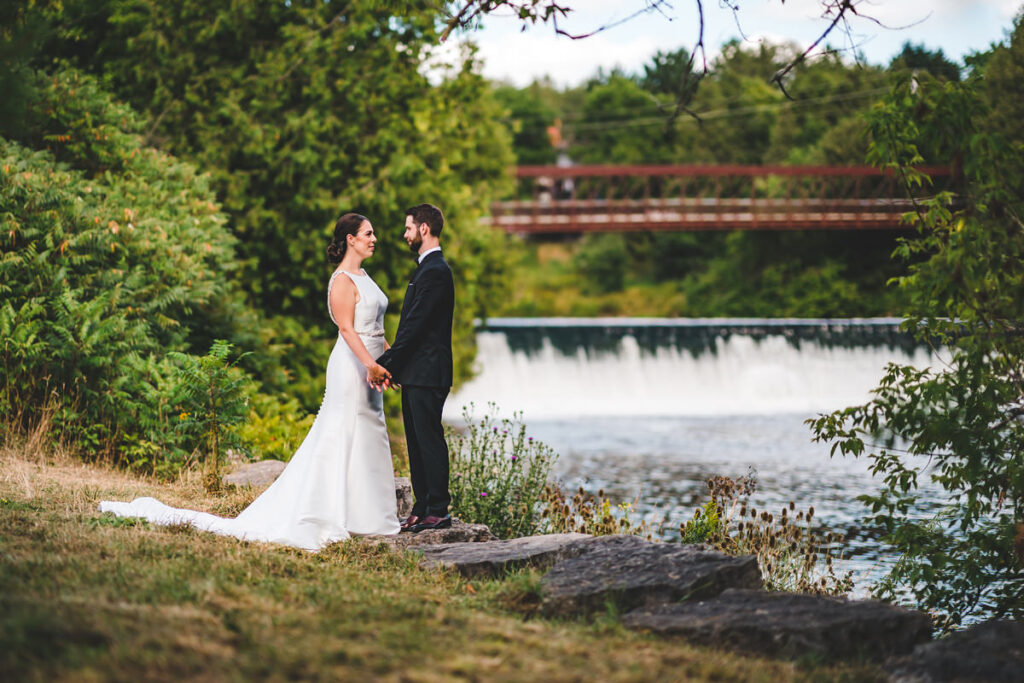 Elora Mill newlywed portrait at bissell park in Elora