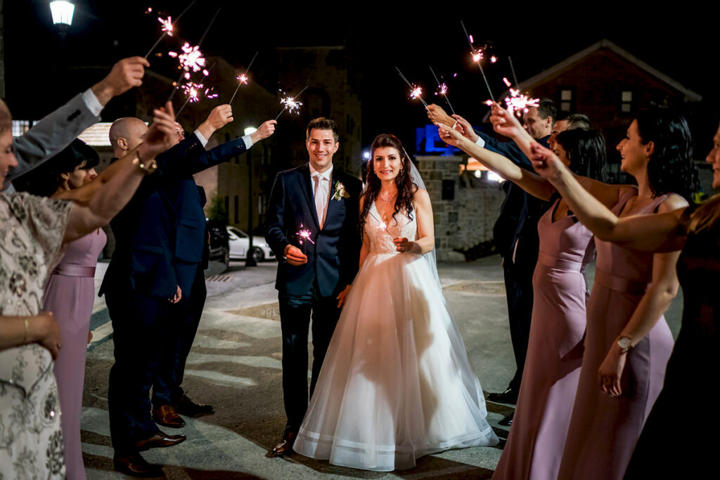 Newlywed sparkler exit at Elora Mill